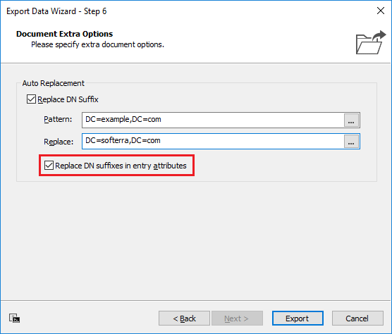Replace DN Suffixes in Entry Attributes Option for Data Export